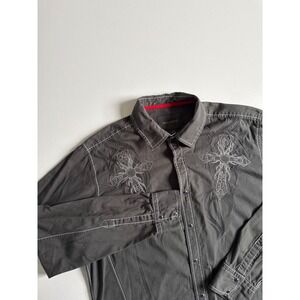 Ring of Fire Mens Charcoal Grey Embroidered Cross Button Down Shirt Large L